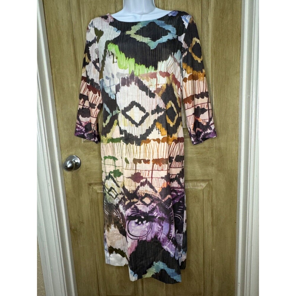 J Peterman Mid Sleeve Midi Length Dress Multi Color Graphical Print Size 2